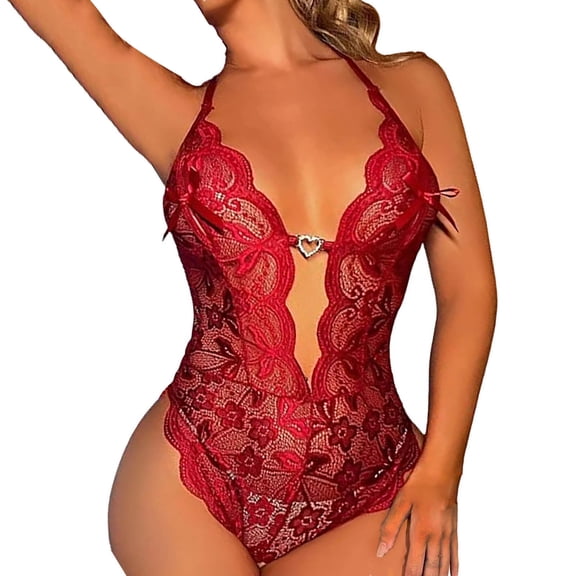 Sexy Lace Bodysuit for Women Deep V Neck One Piece Lingerie, Sheer Mesh Teddy, Backless Bodysuit