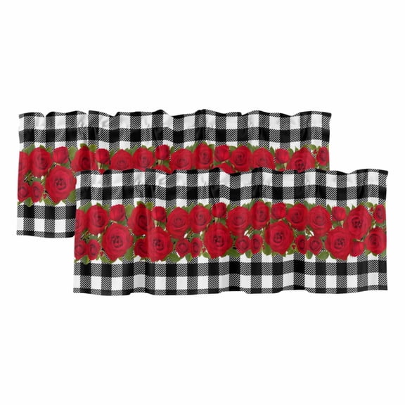 Valentine's Day Curtain Valances for Windows, Kitchen Valance Window Treatments Panel 2 Pack, Red Roses Floral Leaves Buffalo Plaid Rod Pocket Short Curtains for Bathroom Bedroom 42 x 12 Inch