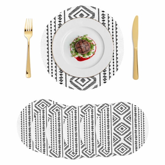 Black Boho Round 13 Inch Placemats Set of 6, Vintage Southwestern Geometric Stripes HeatResistant Non Slip Place Mats for Dining Table, Wipeable Braided Kitchen Table Mats for Housewarming