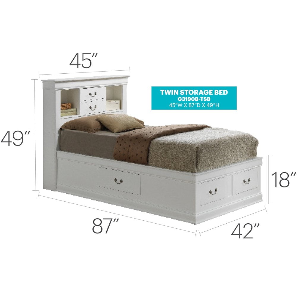 Glory Furniture Louis Phillipe Twin Storage Bed in White