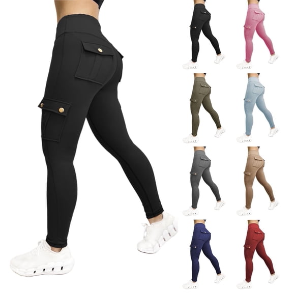 Chroia Women's Solid Butt Lifting High Waisted Cargo Jeggings - Workout Leggings with Flap Pockets