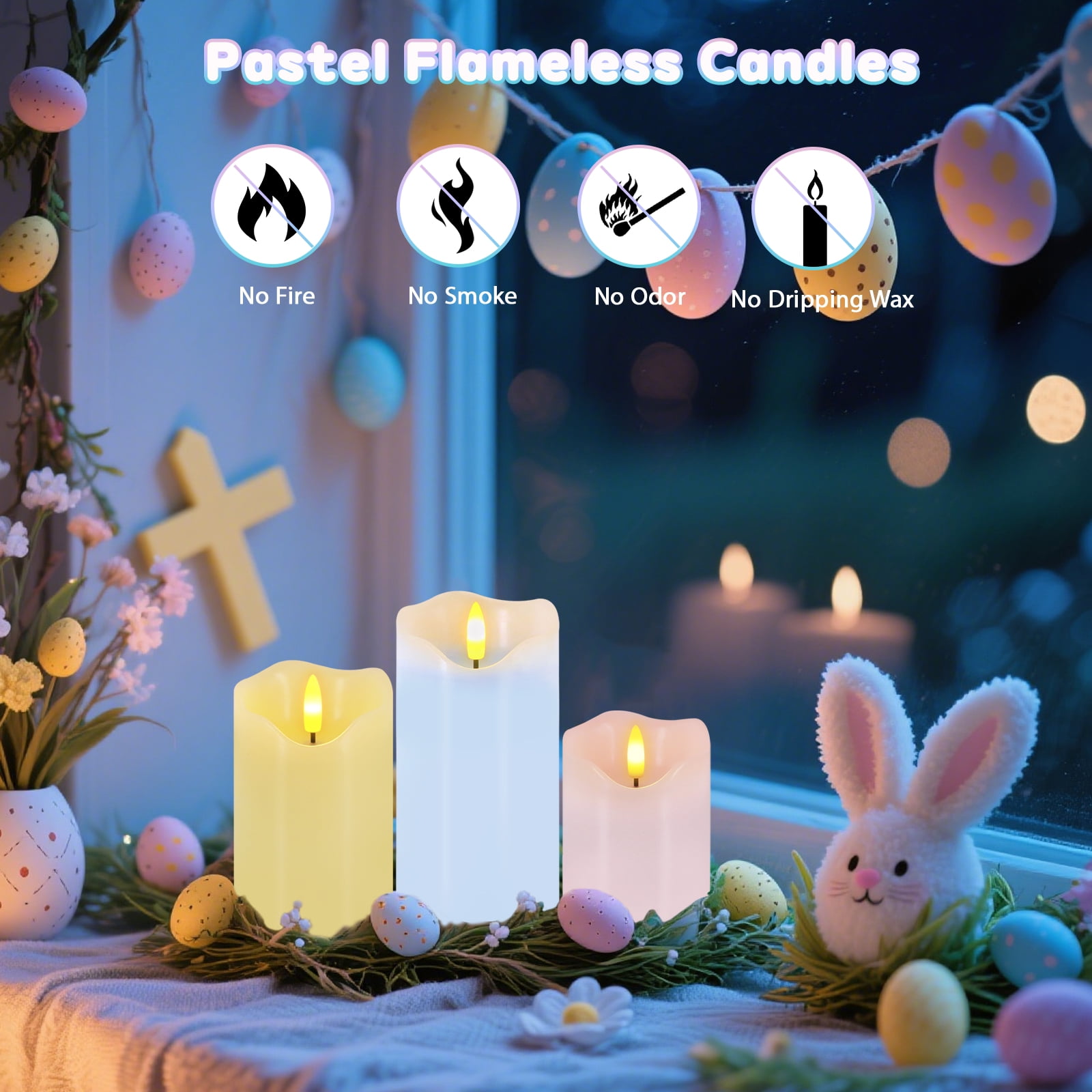 Flameless Candles Light, Set of 3 Pastel Spring LED Candles with Remote & Timer, Flickering Easter Pillar Candles Battery Operated, Real Wax Electric Candles for Home Spring Easter Decor