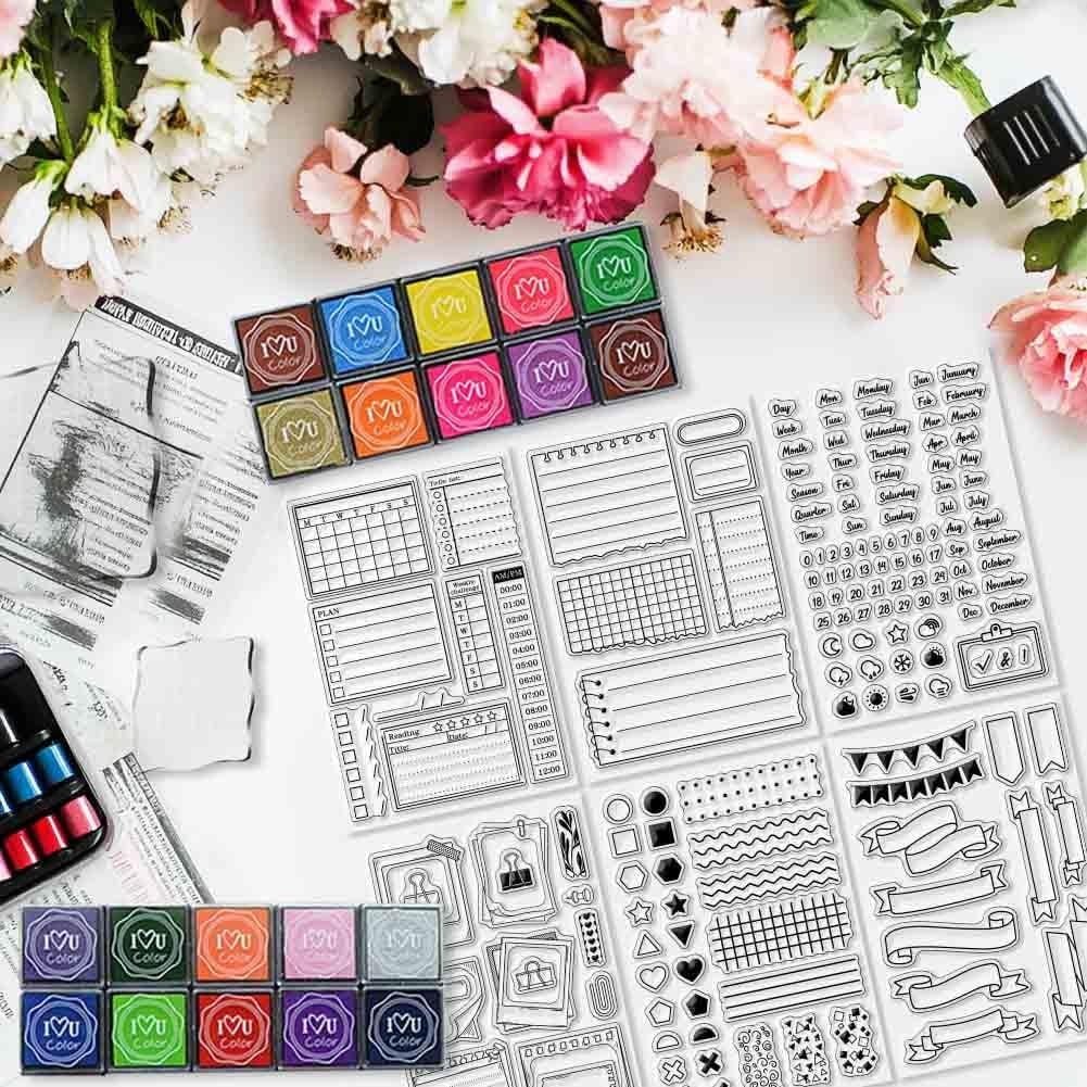 29 Pcs Journal Stamps for Crafting Card Making Supplies Set Include 3 Acrylic Clear Stamp Blocks 6 Clear Silicone Stamps Seals 20 Craft Ink Pads Calendar Planner Stamp for DIY diy