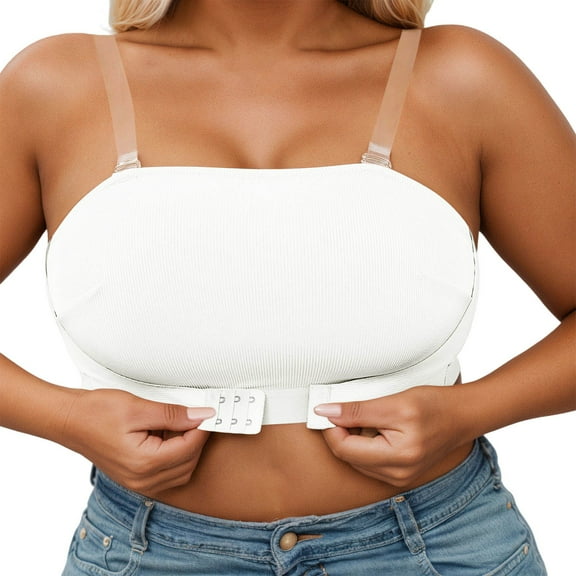 Arlun,Women's Plus Size Strapless Front Closure Tube Bras Wireless Seamless Soft Comfort Bralette No Design with Transparent Straps Versatile Bra White XL