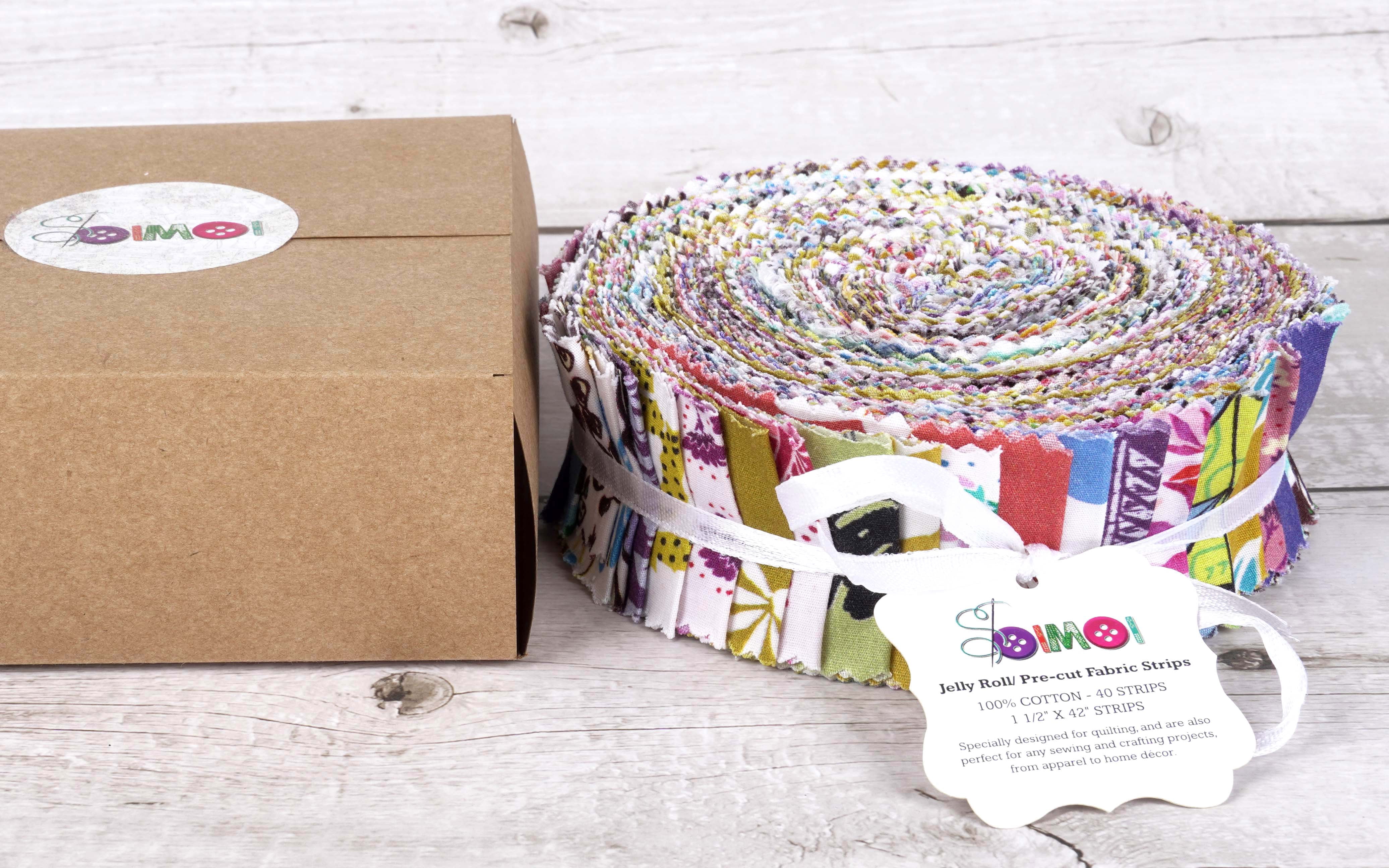 Soimoi 40Pcs Block Print Precut Fabrics Strips Roll Up 1.5x42inches Cotton Jelly Rolls For Quilting - Multicolor