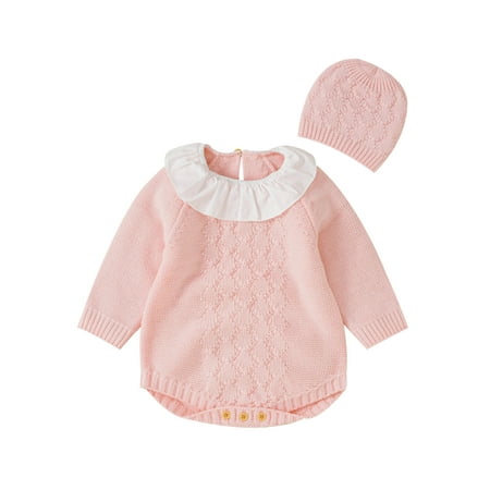 

Bagilaanoe Newborn Baby Girl Knit Rompers Ruffle Long Sleeves Bodysuit + Beanie Hat 3M 6M 9M 12M 18M Infant Ribbed One Piece Jumpsuit