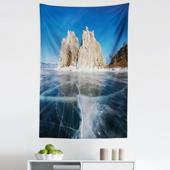 Winter Tapestry, Frozen Lake Baikal in Siberia Icicles Scenic Nature Structure Cold Climate, Fabric Wall Hanging Decor for Bedroom Living Room Dorm, 5 Sizes, Blue Caramel White, by Ambesonne