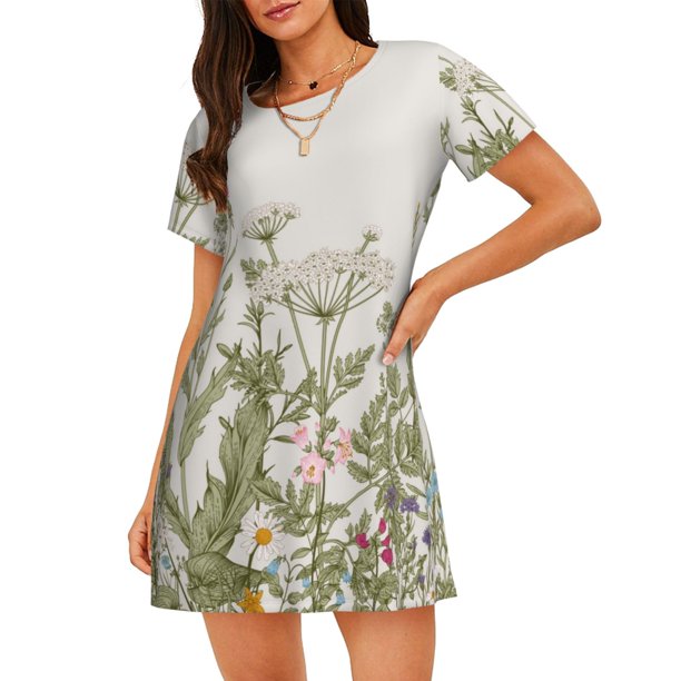 Fotbe Herbs and Wildflowers Bata de Dormir para Mujer con Estampado, Camisón de Algodón de Manga Corta, Ropa de Dormir Casual