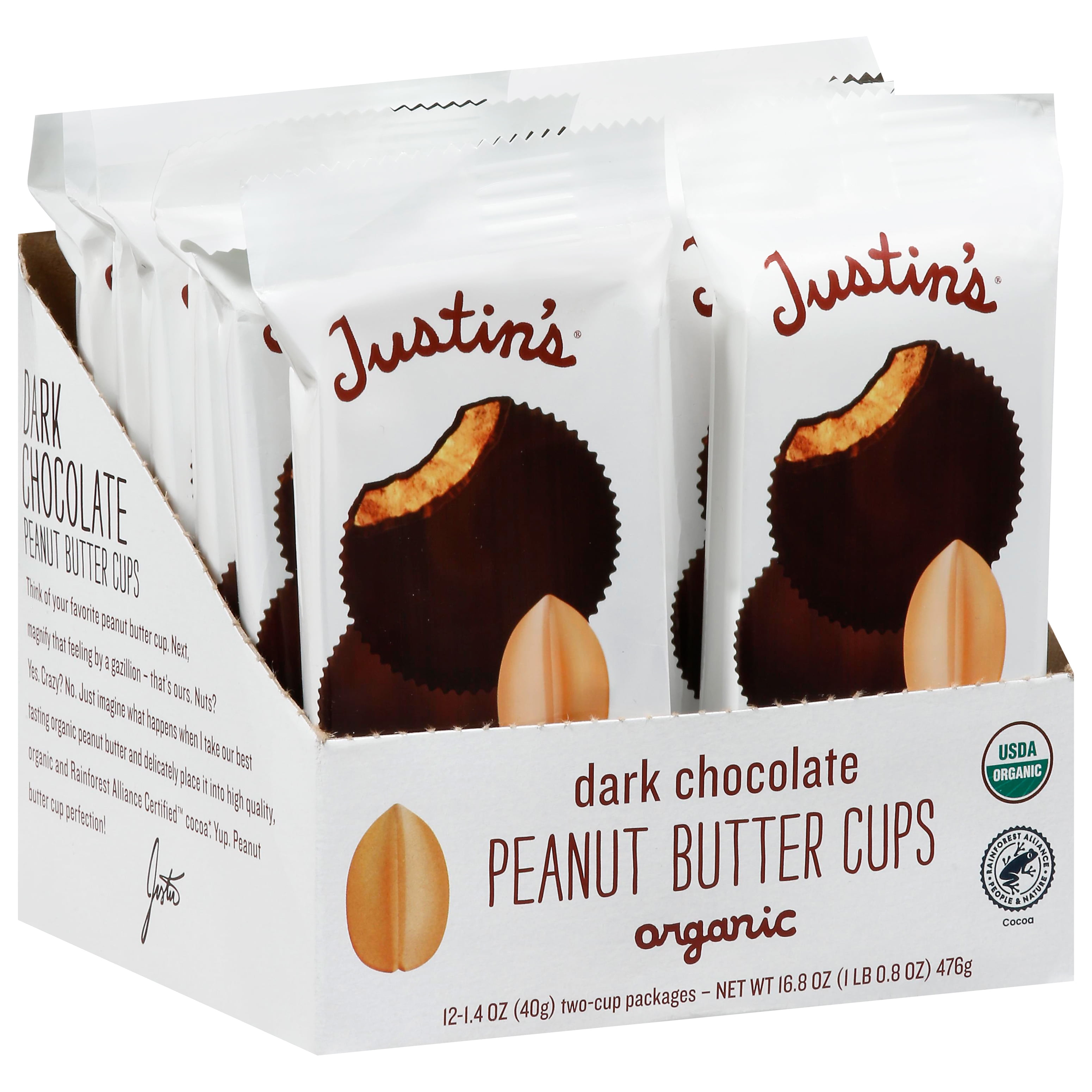Justin's Organic Peanut Butter Cup, Dark Chocolate, 1 single Box of 12-1.40Z (40g) two-cup packages"