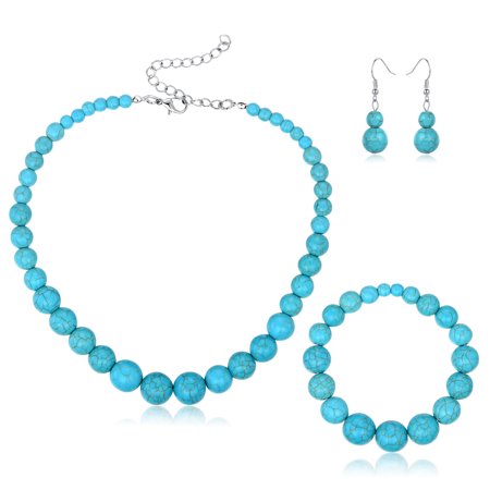 Turquoise Nugget Set - Silver Turquoise Ball Earrings, Bracelet, and Necklace Set