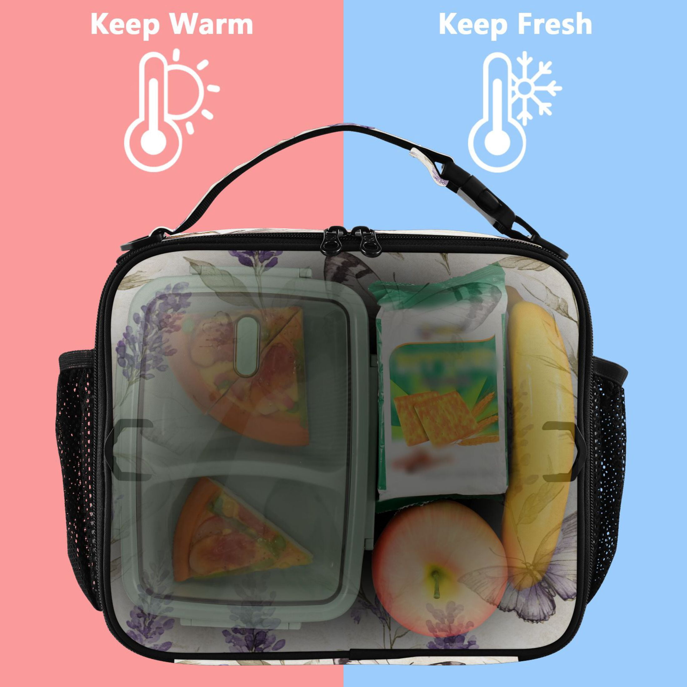 WOBOGO Purple Lavender and Butterfly Tote Lunch Bag High Quality Insulated Aluminium Film For Cold with Adjustable Shoulder Strap 11.2×9.8×3.5in