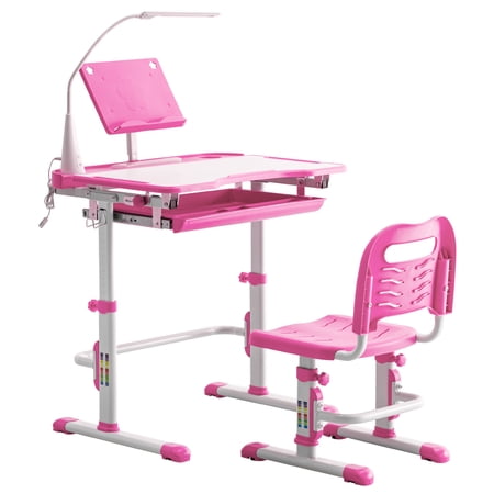 Kids Desk and Chair Set  Height Adjustable Children Study Table with Led Light  Bookstand  Wood Tiltable Anti-Reflective Tabletop  Portable Tilted 0-40° Table Top  for School 3-18 Boys & Girls