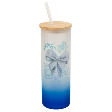 

Elanze Designs 25 Ounce Frosted Glass Gradient Travel Tumbler With Straw and Wooden Lid Mrs. Bow Navy Blue