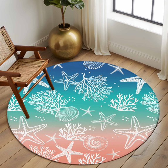 Round Area Rug 7 Ft, Blue Teal Pink Ombre Coastal Washable Non-Slip Circle Carpet for Living Room/Bedroom, Nautical Beach Starfish Coral Summer Low-Profile Large Runner Mat Collection Rugs for Indoor