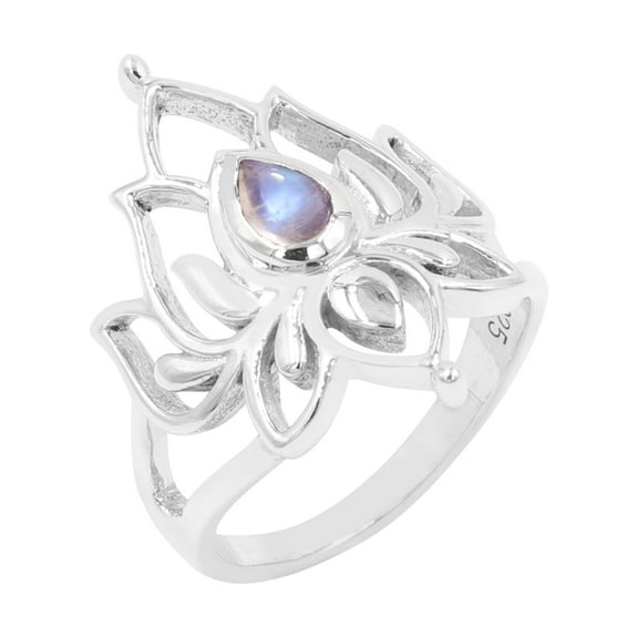 Earth Gems Jewelry Moonstone Ring Sterling Silver Rings Lotus Design Ring Statement Ring for Women