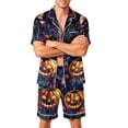 thumbnail image 2 of Halloween Themed Two Piece Pajama Set for Men Spooky Graphic Casual Short Sleeve Button Up Collared Shirts and Shorts Trendy Comfortable Clothing Black 2XL, 2 of 4