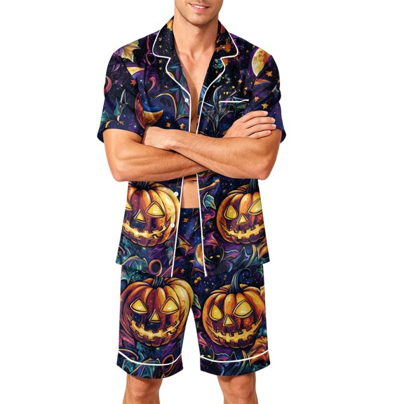 DORKASM Halloween Matching Pajamas for Men Pj Sets Bat Pumpkin Print Button Down Sleepwear Black M