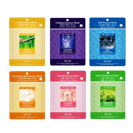 Skin Care Treatment Mask Pack Collagen, Snail, EGF, Placenta, Coenzyme Q10, Green Tea Essence Face Facial Mask Package 30 Pcs (5 Pack of Each) - Korean Cosmetic Facial (Best Korean Skincare For 30s)