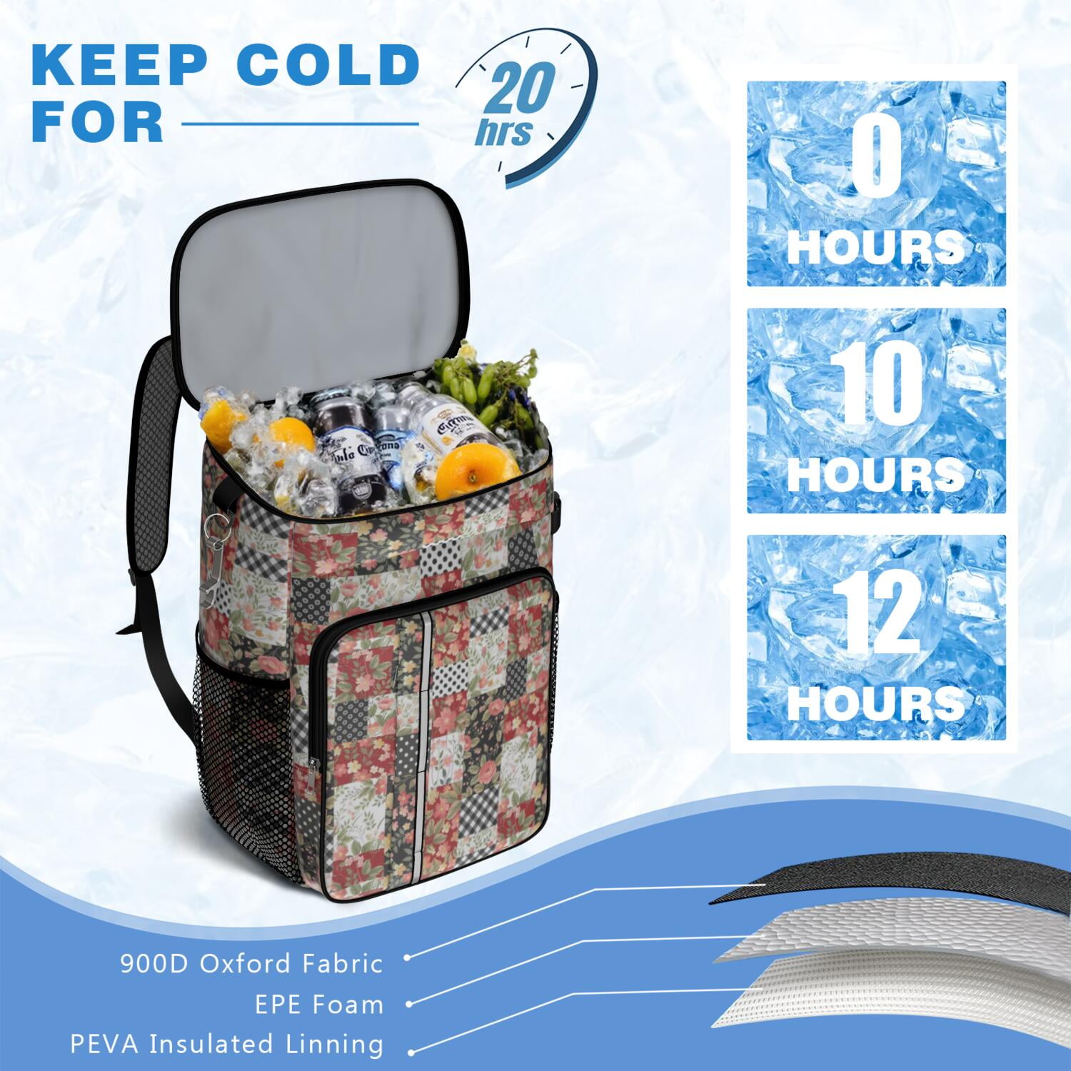 Travel Cooler Bag - Pioneer Flower Camping Beer Cooler Backpack with Bottle Opener- Waterproof Insulated Picnic Backpacks - Cooler Bag for Beach