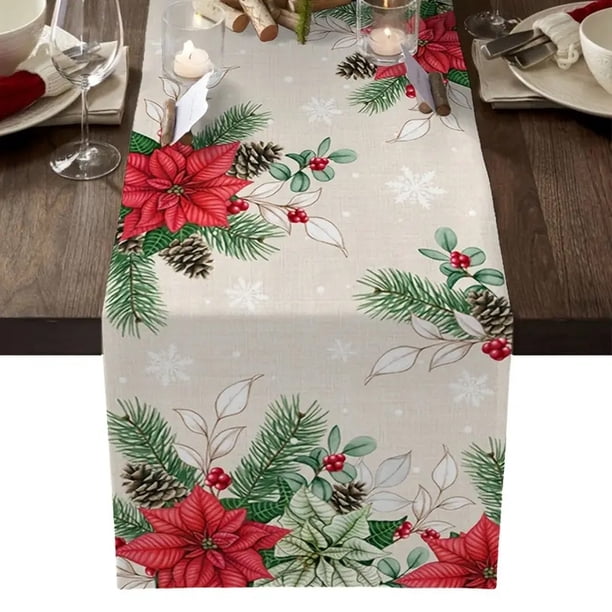 Camino de mesa con ramas de agujas de pino de invierno, bufanda de mesa, decoración de plantas para el hogar y la cocina, decoraciones rústicas de arpillera para cenas y fiestas de granja