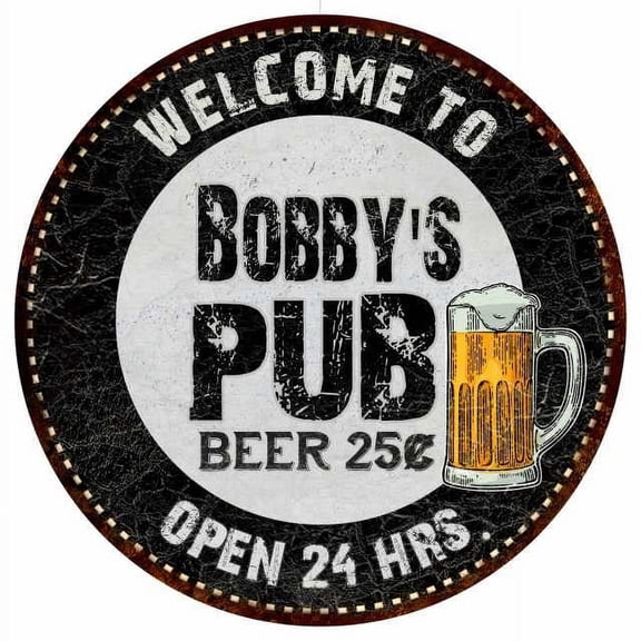Bobby's Pub 14" Round Metal Sign Beer Bar Black Wall Decor Gift 100140039129