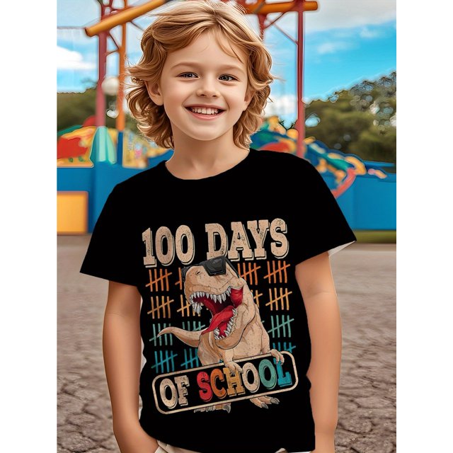 100 Days of School Dinosaur T-Rex Print Boys' T-Shirt - Regular Fit Short Sleeve Tee with Geometric Design, School Celebrations & Casual Wear, Fun Educational Pattern, Comfortable Fit Shirt