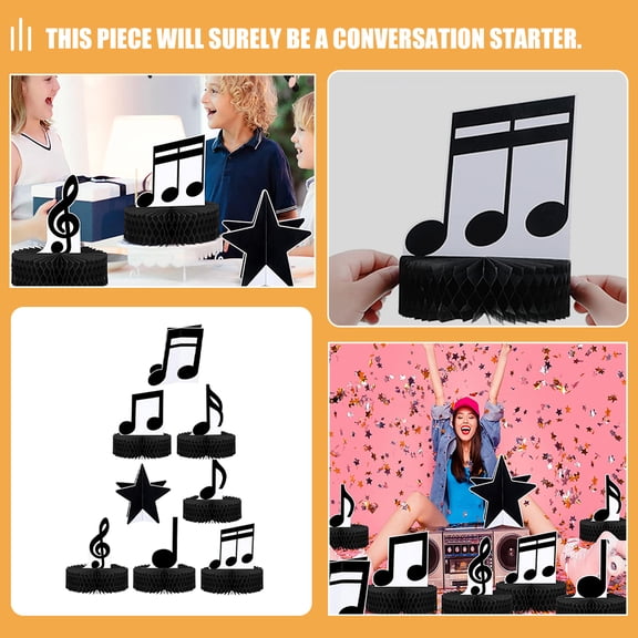 WEUVEB 8Pcs Music Notes Table Decoration with Honeycomb Base for Party Centerpieces Black Design