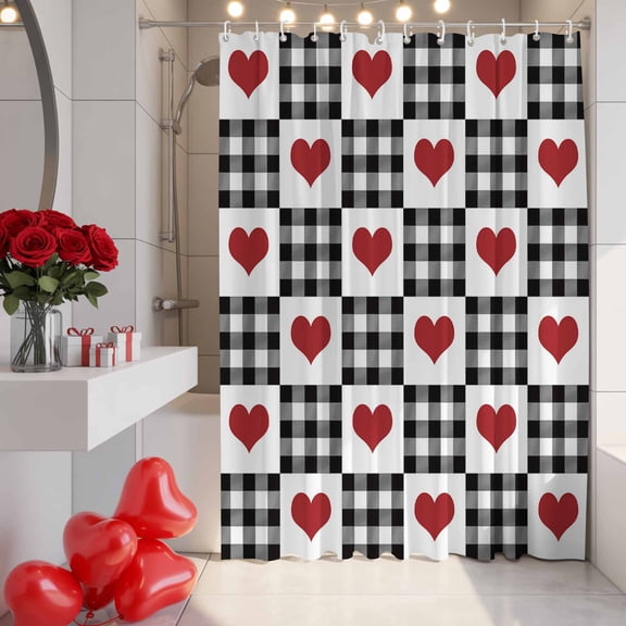 Valentine's Day Shower Curtain, 36" x 72", Red Heart Buffalo Plaid Black White Waterproof Bathroom Curtain Washable Shower Curtain Set with 12 Hooks