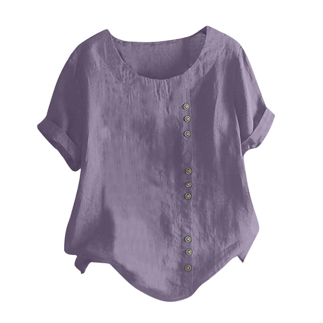 Pompotops Hauts d'Été Décontractés pour Femmes Couleur Unie Col Rond Manches Courtes Boutons Blouses Liquidation