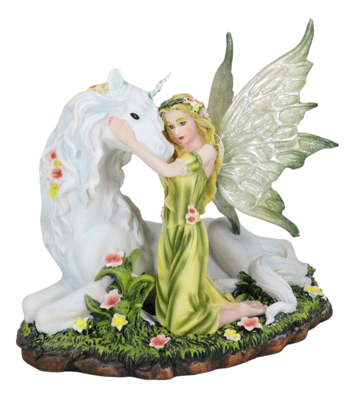 Green Earth Gaia Fairy With Rare Floral White Unicorn Statue Decor Figurine 7"L