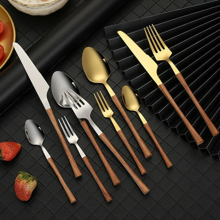 

Riguas Western Flatware with Handle Classic Mirror Polish Elegant Imitation Wood Grain Knife Spoon Kitchen Gadget