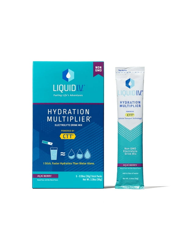 Liquid I.V. Hydration Multiplier Electrolyte Powder Packet Drink Mix, Acai Berry, 6 Ct
