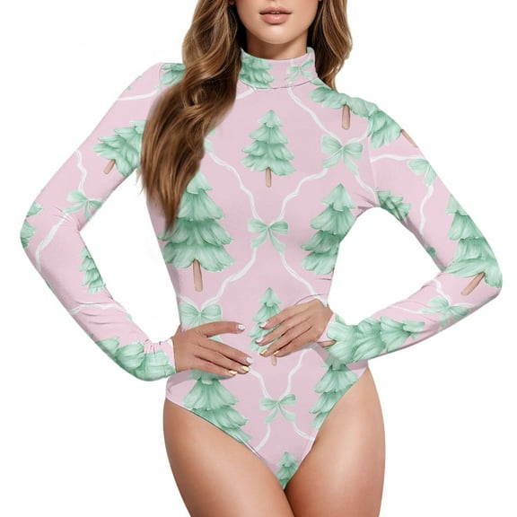 joogoo Christmas Tree-1 Women's Mock Turtle Neck Long Sleeve Bodysuit L