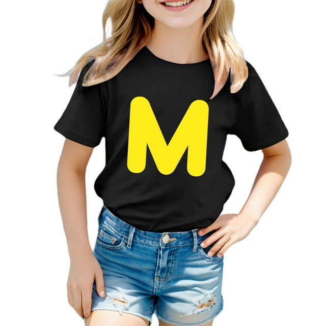 Zhuashum Hauts pour Filles 7-8 Ans Lettre Graphique Col Rond Manches Courtes Tee Été Chemises Quotidiennes Tenues Rétro Noir