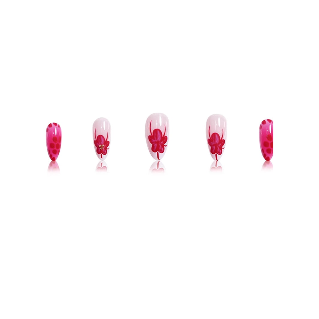 Cross-border hot sale almond fake nails fashion spice girl red flower broken diamond embellishment wearing nail piece finished product wholesale