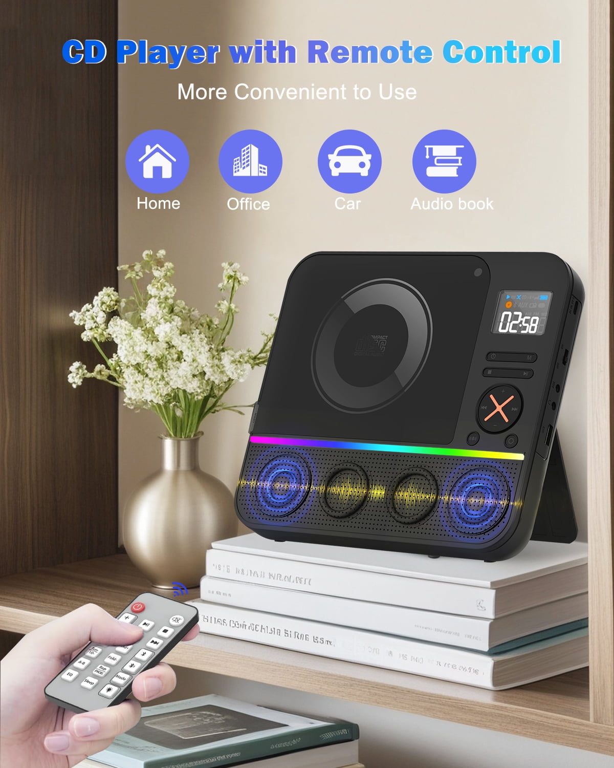 Portable CD Player with Bluetooth ,Desktop Boombox Portable CD Player Bluetooth CD Player with Speakers FM Radio & RGB Light, LED Screen for Home Support Wireless Headphones USB/AUX Headphone Jack