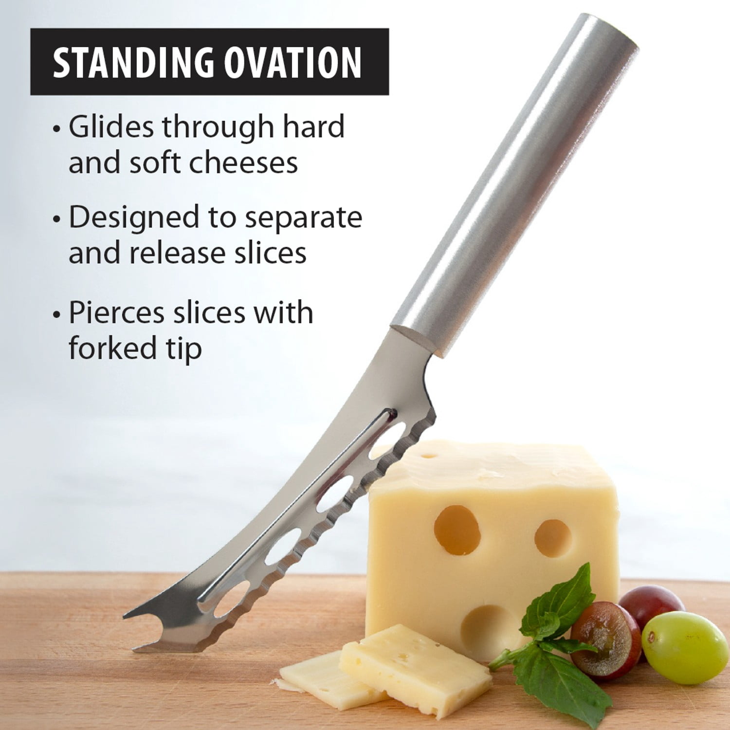 Rada Serrated Cheese Knife, Stainless Steel, Hand-Sharpened, 5.25 inch Forked Tip, Cutout Blade Knives, Aluminum Handle