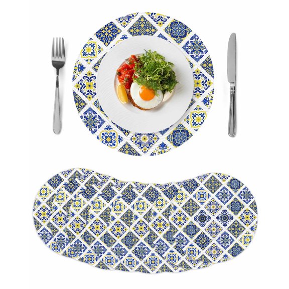 Bohemia Style Round 13 Inch Placemats Set of 8, Abstract Middle Century Aztec Pattern Blue HeatResistant Non Slip Place Mats for Dining Table, Wipeable Braided Kitchen Table Mats for Housewarming
