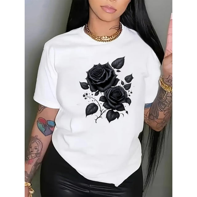 Camiseta deportiva informal con estampado de rosas para mujer, cuello redondo y manga corta, ideal para adultos, hombres, mujeres, adolescentes y jóvenes.