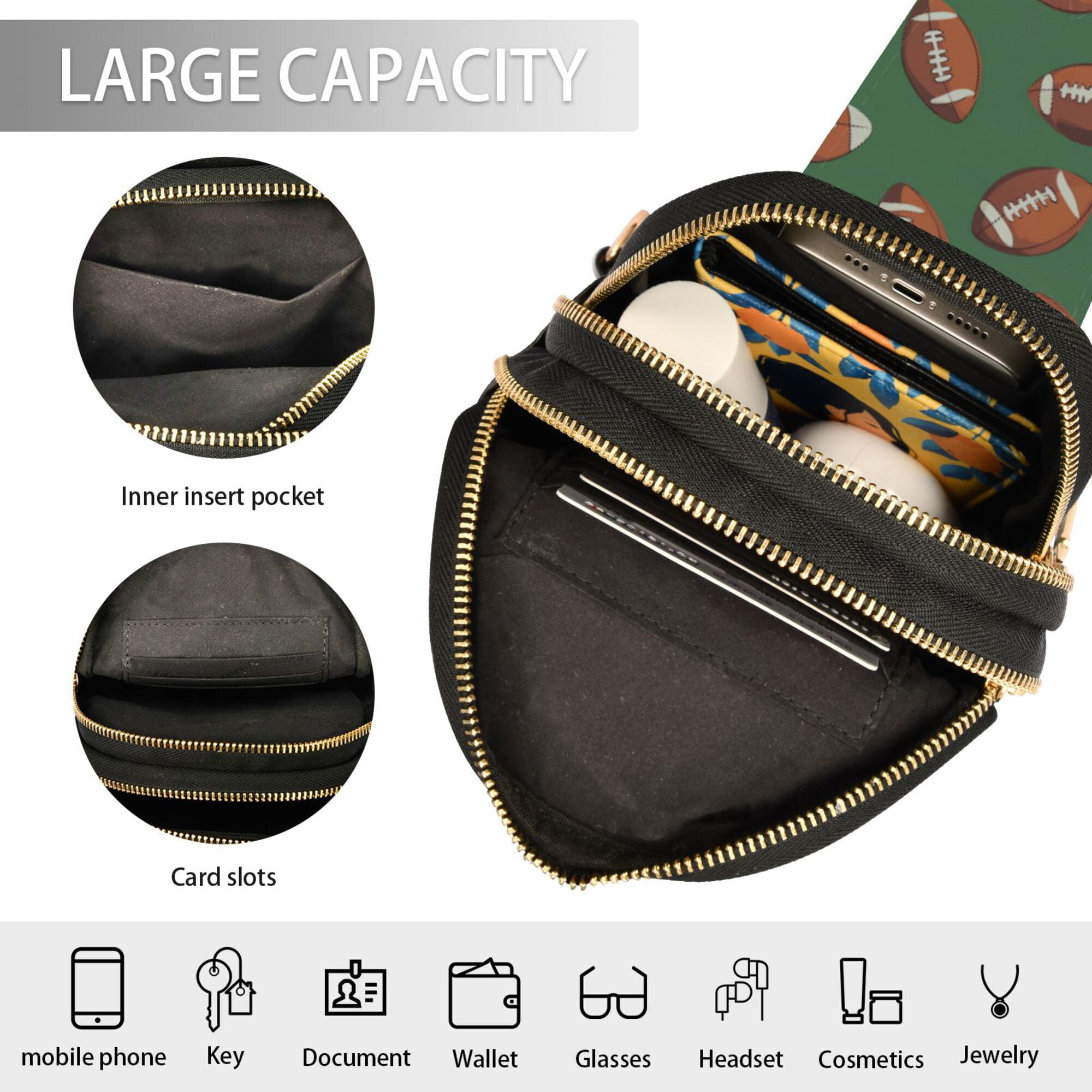 FORMRS Womens Crossbody Sling Bag Travel Daypack Shoulder Chest Backpack, Green American Footballs