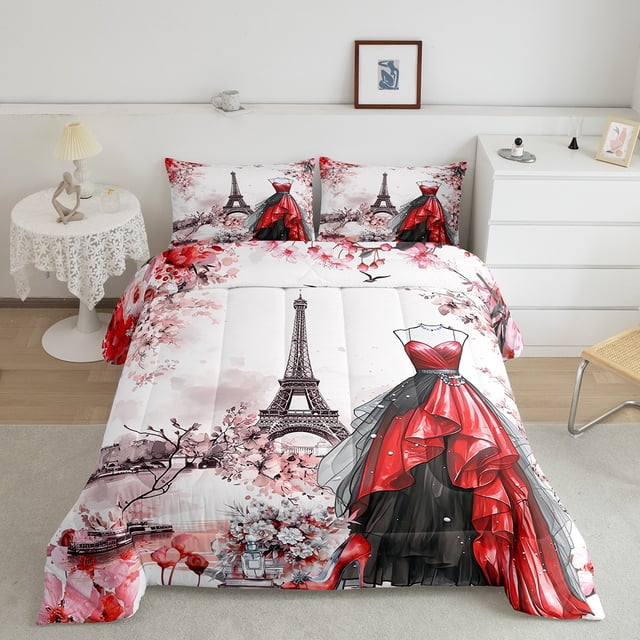 Erosebridal Ensembles de Literie Chic pour Grand Lit avec Couette, Insert de Couette à Fleurs Romantiques, Décor Tour Eiffel, Réversible 3 Pcs
