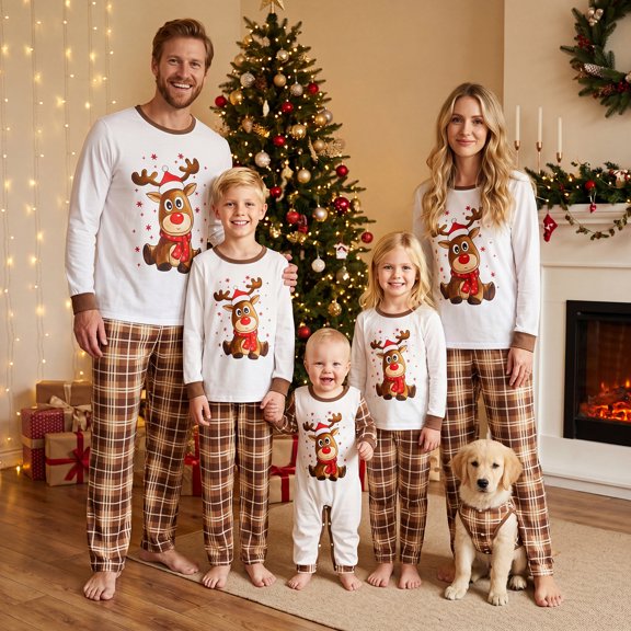 AIGUR Family Christmas Pajamas Family Matching Christmas Pajama Set Family Matching Pajamas Sets Long Sleeve Reindeer Printed Tops Plaid Pants