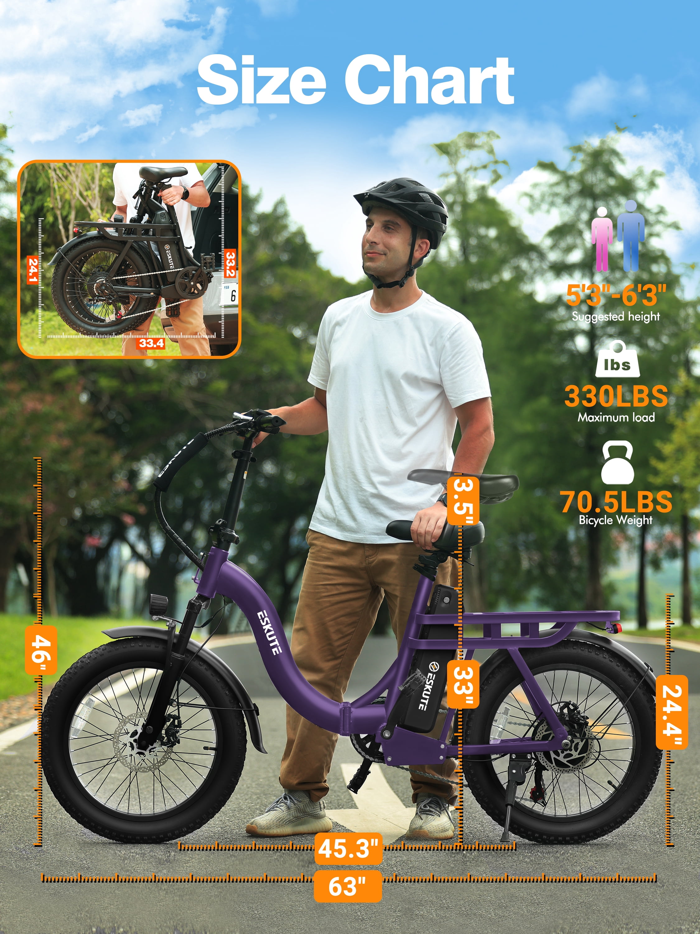 Adult Electric Bike – 1200W Peak Motor, 28 MPH, Foldable 20×3" Fat Tire, 48V 10.4Ah Battery Up to 55 Miles, 7-Speed Step-Through Cargo E-Bike with NFC Unlock, Purple with Lock