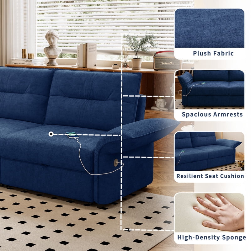 85" Convertible Sofa Bed, 2-in-1 Sleeper Sofa with Plush Fabric, Full-Size Pull-Out Couch with USB Charging Ports, Solid Wood Frame, High-Resilience Foam for Living Room & Small Space