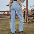 thumbnail image 4 of uublik Womens Cargo Jeans Straight Leg Jeans Casual High Waist Baggy Denim Cargo Pants with Pockets, Light Blue, 4 of 5