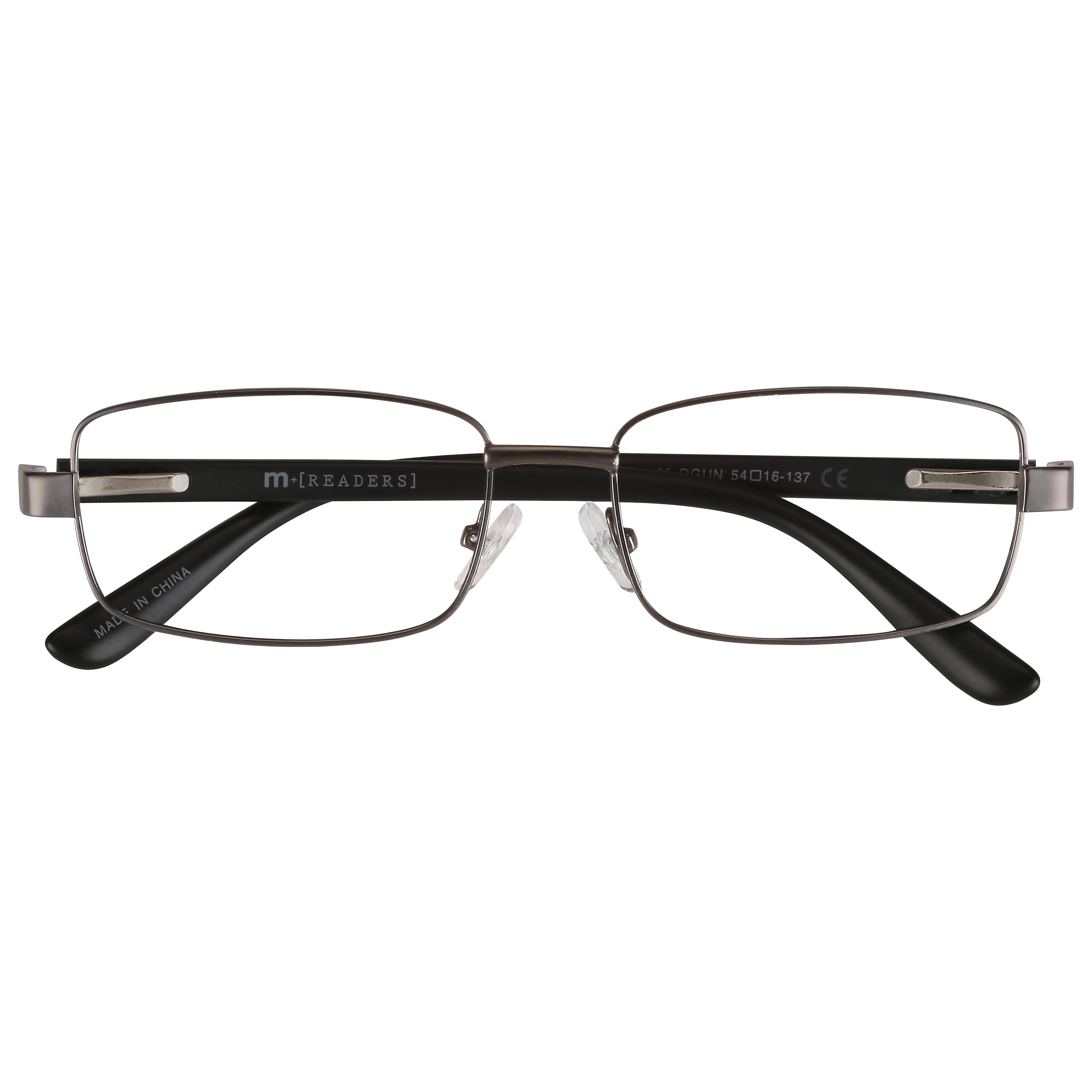 M+ Mens Rectangular Metal Reading Glasses Dgun 1.25 Reed in Gunmetal with Matte Black Temples