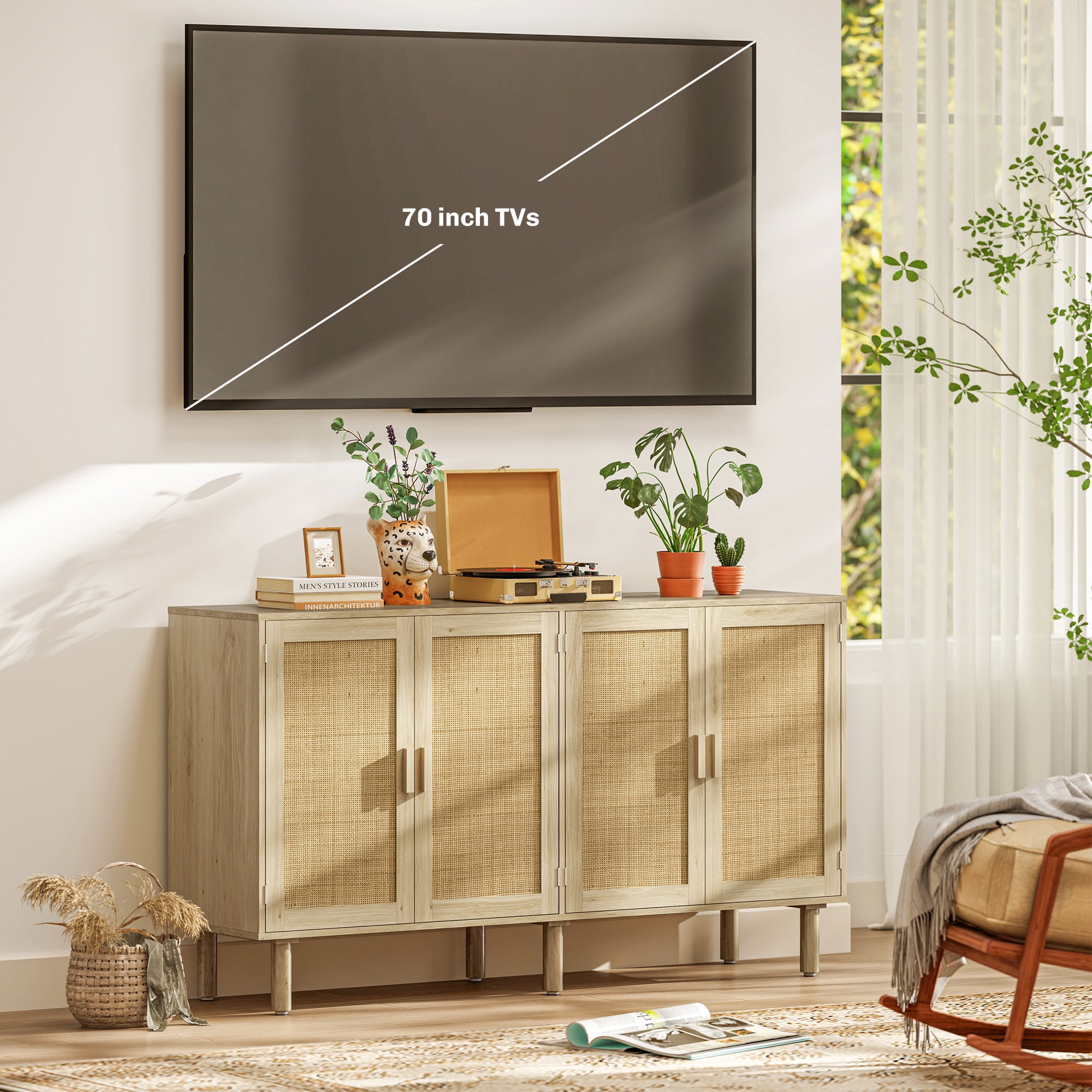 HOQBN 62.2" Bohemian Sideboard, Buffet Cabinet with 4 Rattan Doors and Shelves for Living Room, Hallway, Natural