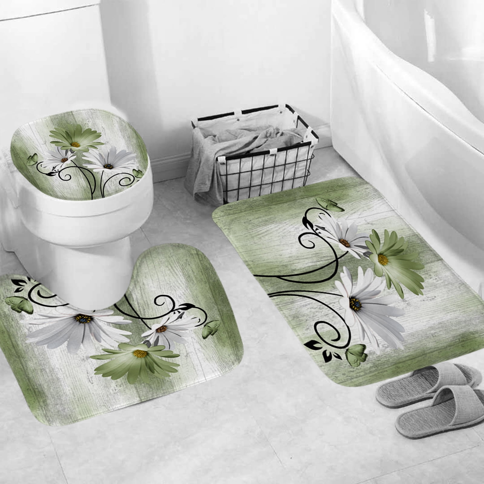 Hadint 4Pcs Grass Green Daisy Floral and Butterfly Shower Curtain Set, Shower Curtain and Rug Set, 12 Pcs Hooks, 71inx71in