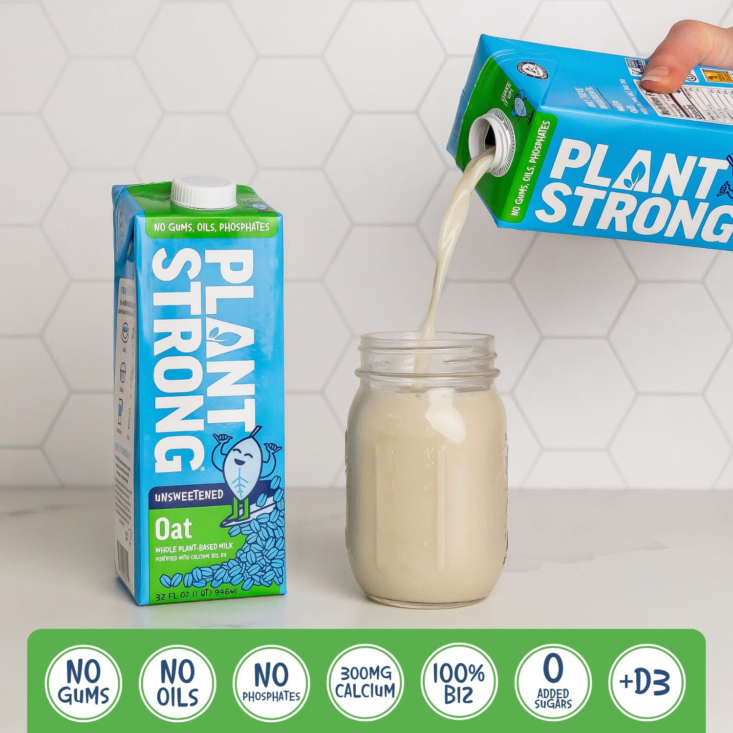 (3 pack) PLANTSTRONG Unsweetened Oat Milk - Whole Fortified Plant Milk