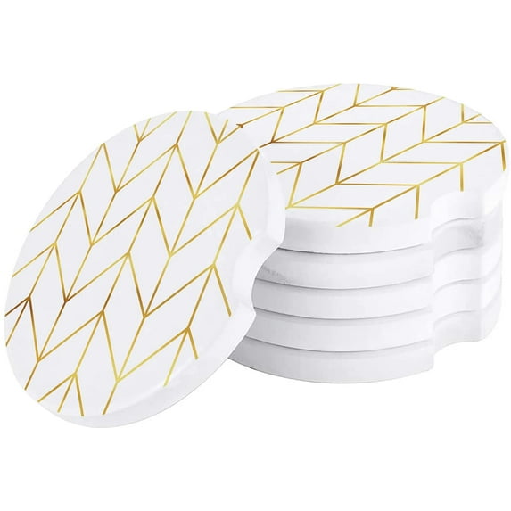 FMSHPON Geometric Yellow Line Style Herringbone Pattern Set of 2 Car Coaster for Drinks, Absorbent Ceramic Stone Coasters Cup Mat with Cork Base for Home Kitchen Room Coffee Table Bar Decor
